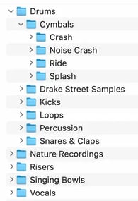 file path inside my self-recorded drum samples folder showing the various subfolders
